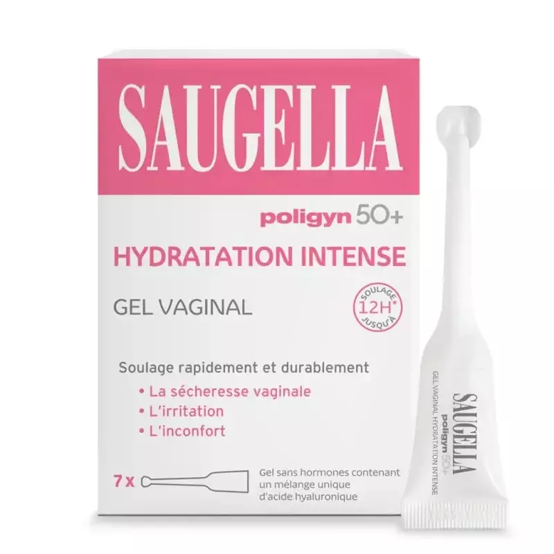 Saugella Poligyn 50+ Gel intime hydratant intense, boîte de 7 unidoses rose, nom produit, badge soul