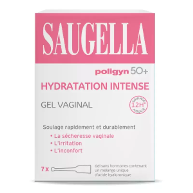Gros plan sur la boîte du Gel Hydratant Vaginal Saugella Poligyn 50+ affichant marque, nom, sceau so