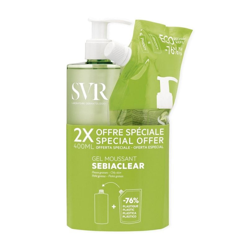 Duo SVR Sebiaclear Gel Moussant Purifiant - Flacon 400ml + Recharge éco 400ml