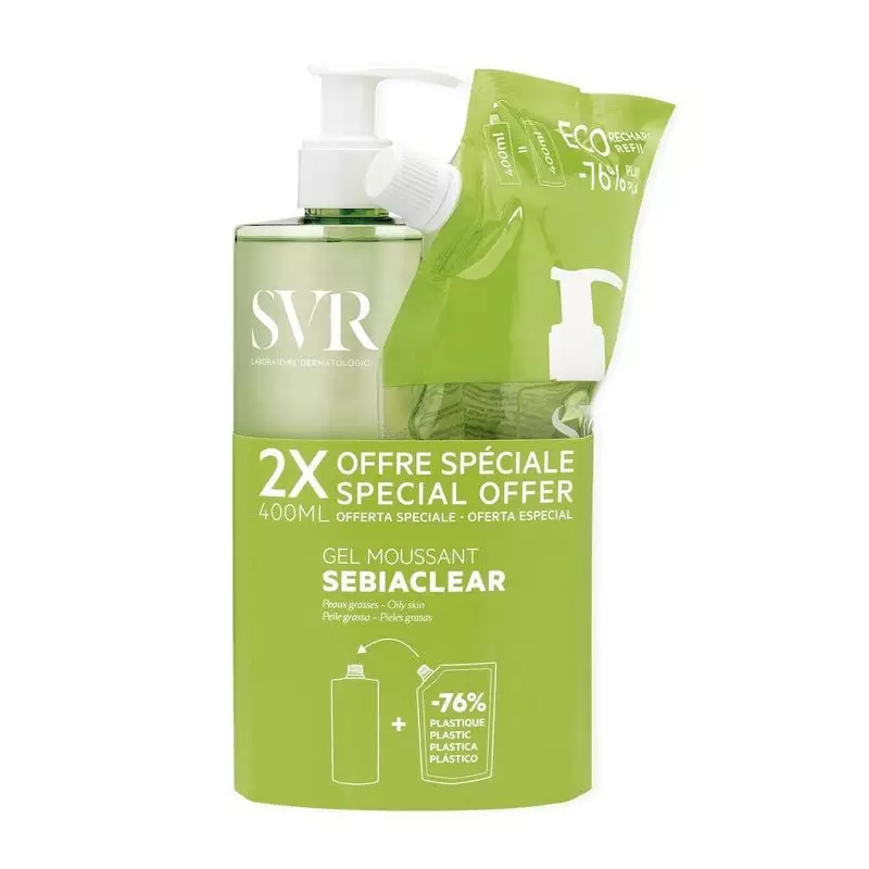 Duo SVR Sebiaclear Gel Moussant Purifiant - Flacon 400ml + Recharge éco 400ml