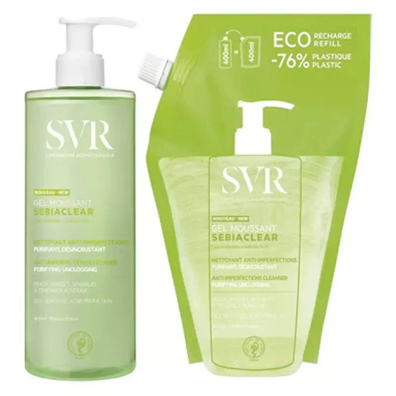 Deux flacons SVR Sebiaclear Gel Moussant Purifiant : un standard 400ml et une recharge éco 400ml