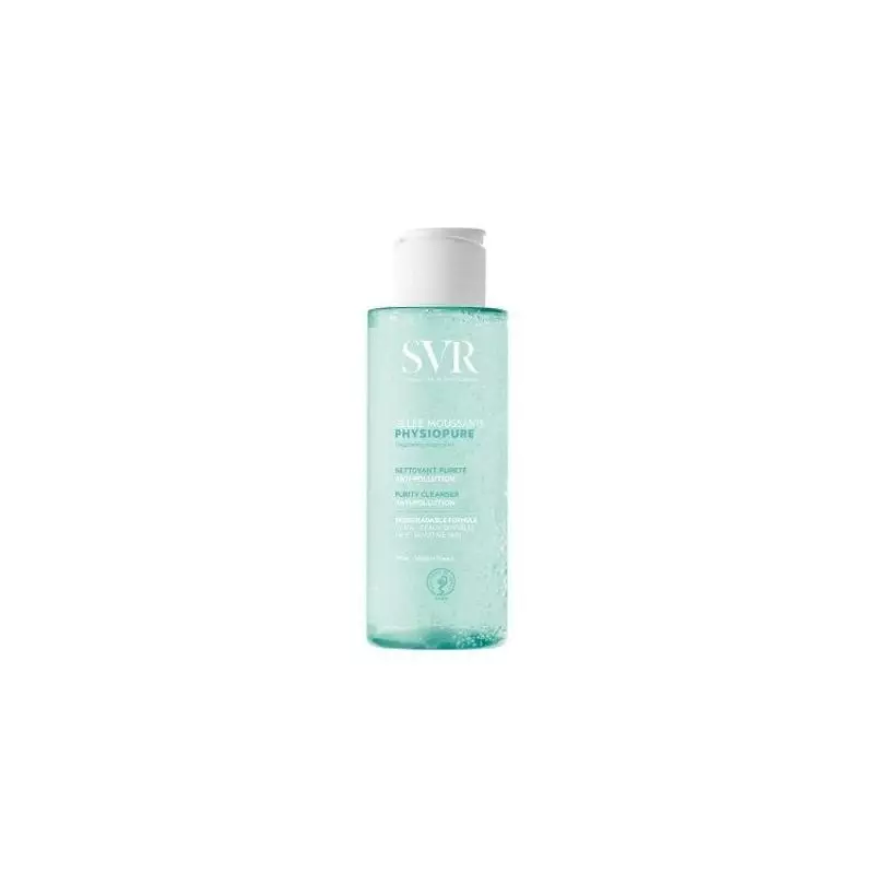 SVR Physiopure Gelée Moussante en flacon bleu clair transparent avec pompe blanche, texture gel clai
