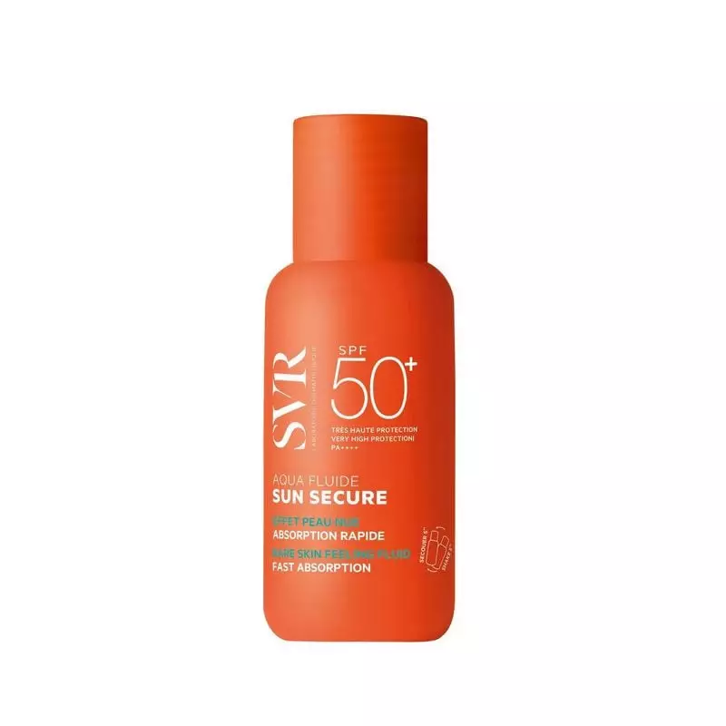 Flacon SVR SUN SECURE Aqua Fluide SPF50+ crème solaire orange avec texte blanc.