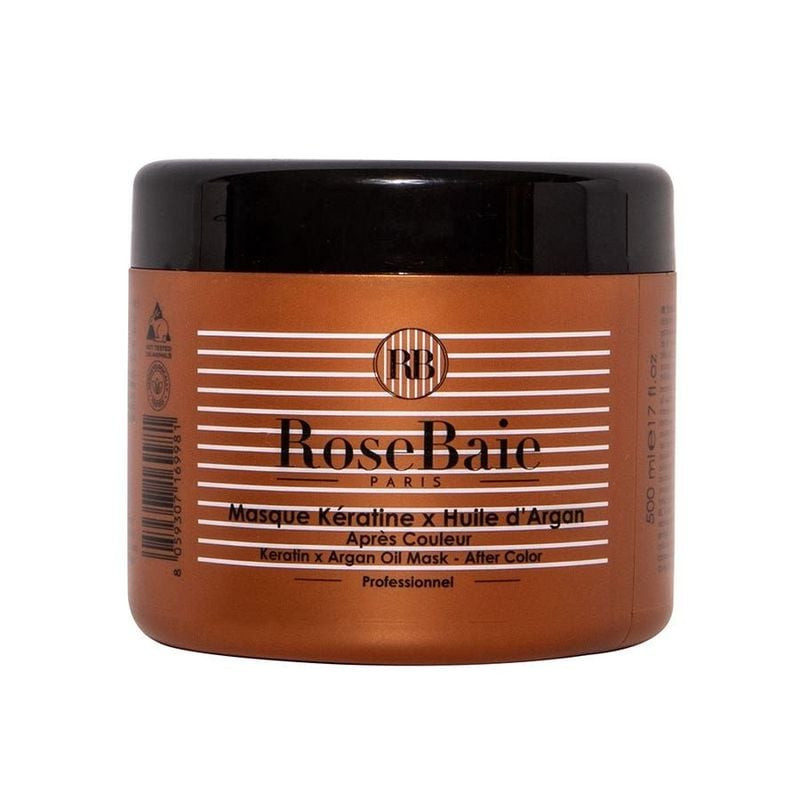 Rosebaie Masque Kératine et Huile d’Argan 500 ml, masque capillaire professionnel post-coloration à 
