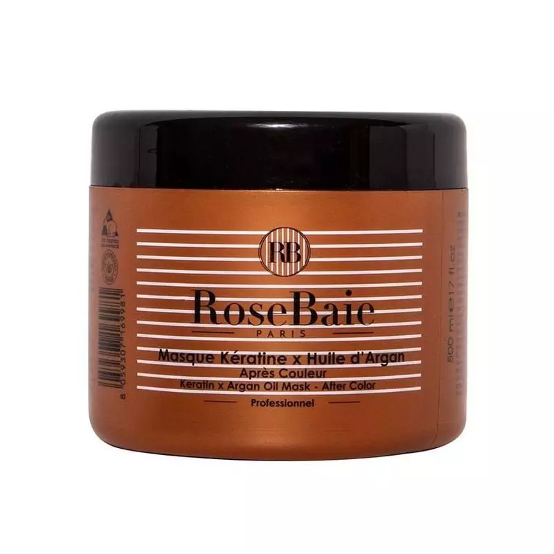 Rosebaie Masque Kératine et Huile d’Argan 500 ml, masque capillaire professionnel post-coloration à 