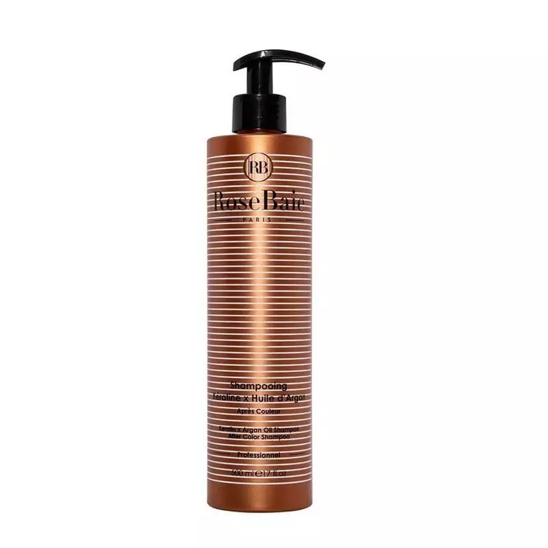 Flacon de shampoing Rosebaie Paris à la kératine et huile d'argan, 600 ml, design bronze rayé avec p