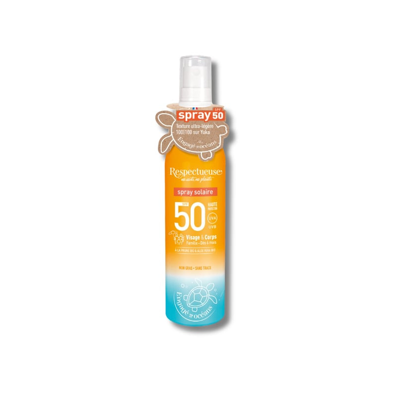 Flacon Spray Solaire Respectueuse SPF50 orange et turquoise avec étiquettes promo, haute protection 