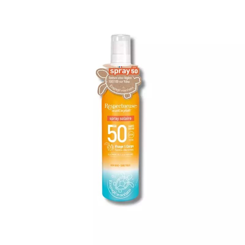 Flacon Spray Solaire Respectueuse SPF50 orange et turquoise avec étiquettes promo, haute protection 