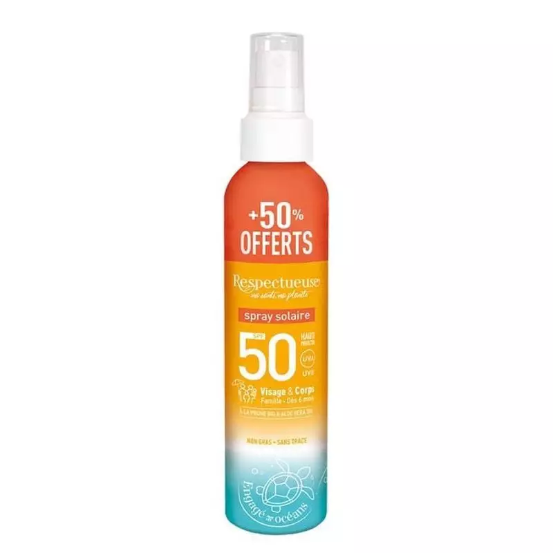Spray Solaire Respectueuse SPF50 +50% offert, flacon orange pour toute la famille, formule naturelle