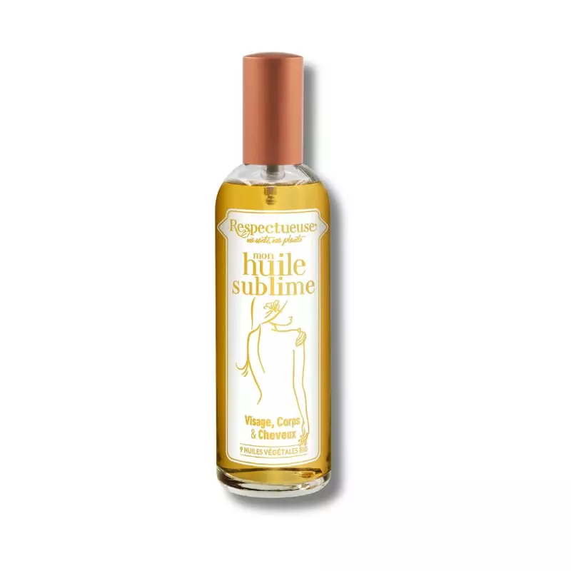 Respectueuse L’Huile Sublime huile sèche bio en flacon verre clair avec bouchon bronze, vue avant mo