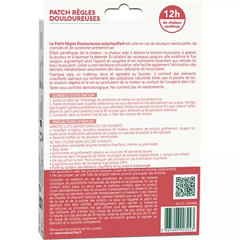 Vue arrière de l'emballage des patchs Naturactive 1114175 avec instructions détaillées en français s