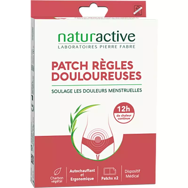 Vue avant de la boîte de patchs autochauffants Naturactive 1114175 pour règles douloureuses, avec lo