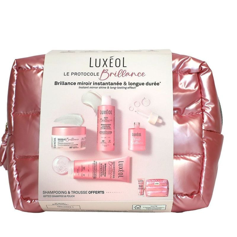 Trousse Luxéol Protocole Brillance en pochette rose brillante avec shampoing, masque, sérum soin, hu