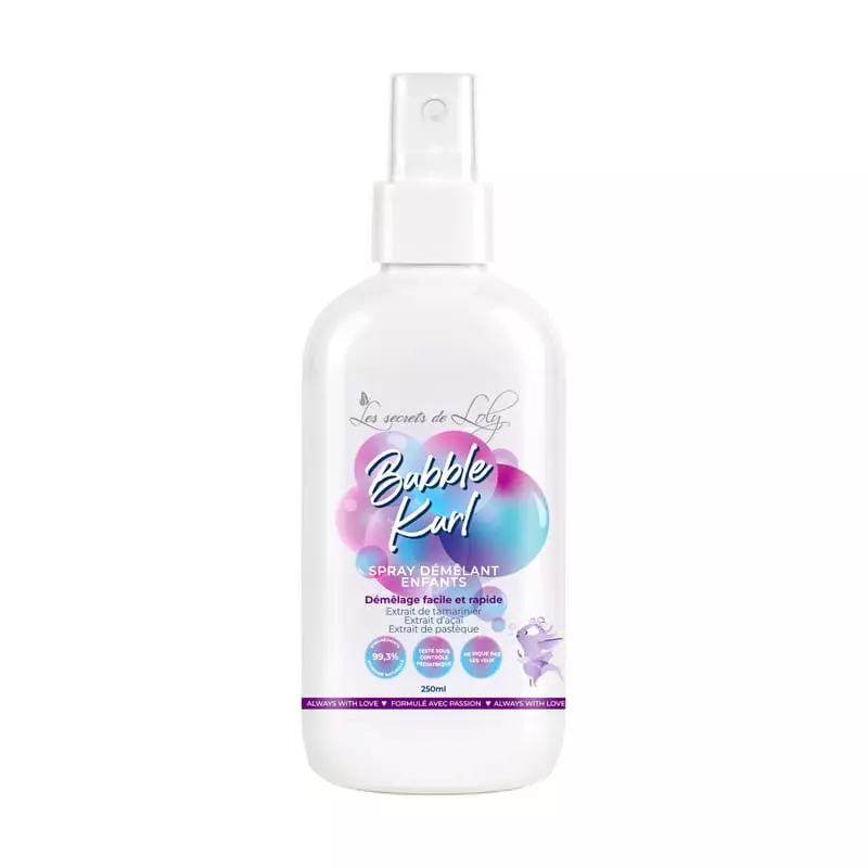 Vue avant du flacon blanc spray Les Secrets de Loly Bubble Kurl 250ml démêlant enfants, graphismes b