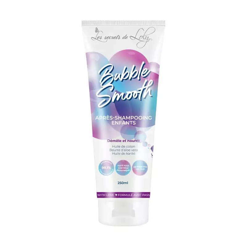 Les Secrets de Loly Bubble Smooth Après-Shampooing enfants, tube blanc 250ml avec bulles violet-bleu