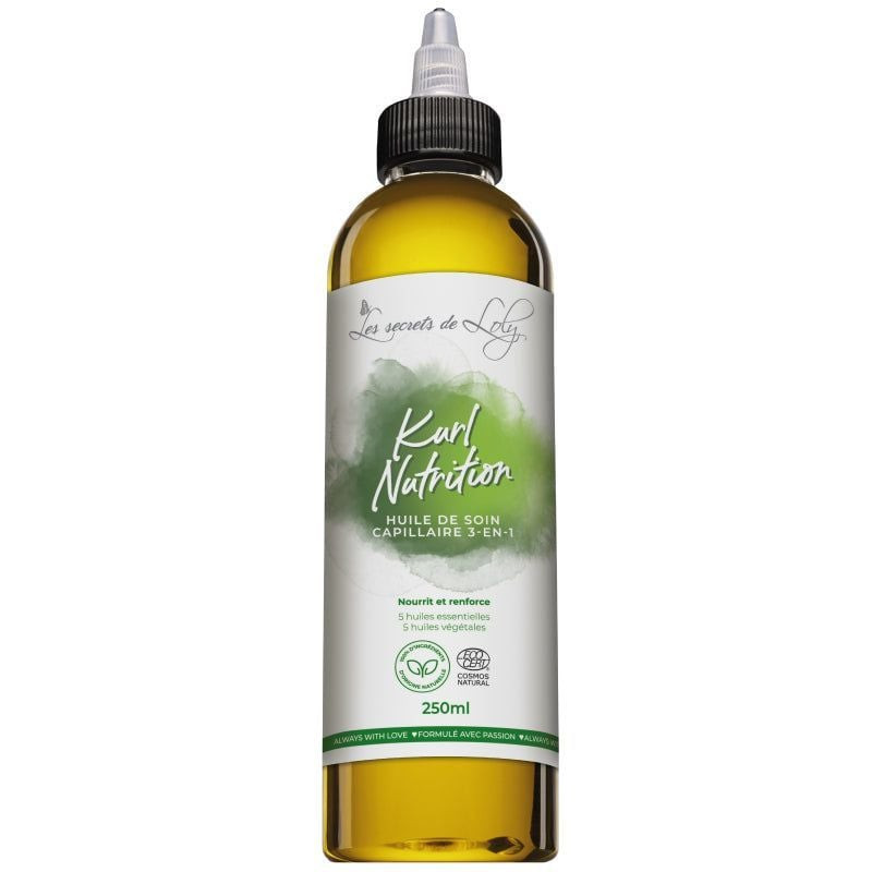 Les Secrets de Loly Kurl Nutrition huile capillaire 3-en-1 naturelle 250ml en flacon verre ambré éti