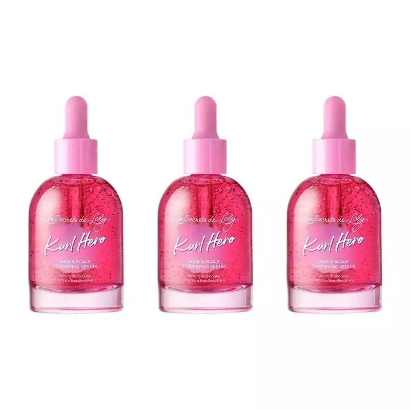 Trois flacons de sérum fortifiant Kurl Hero Les Secrets de Loly en verre magenta à capuchon rose ali