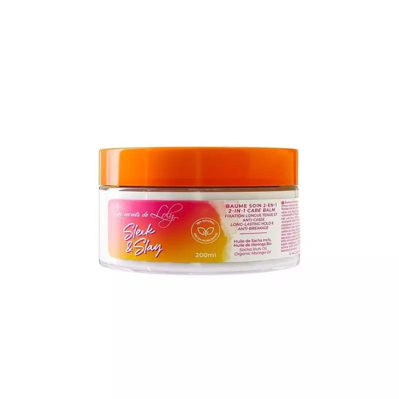 Les Secrets de Loly Sleek & Slay Baume soin 2-en-1 en pot 200ml, couvercle orange, étiquettes rose e
