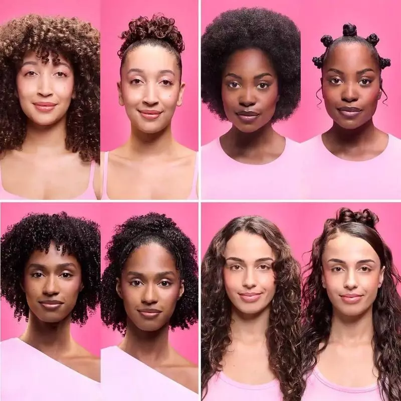 Portraits avant-après de femmes diverses aux cheveux bouclés, crépus et texturés montrant les résult