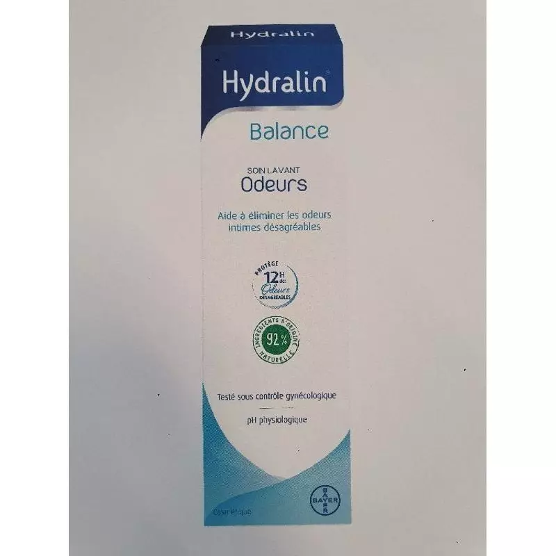 Boîte Hydralin Balance Soin Lavant Odeurs, emballage bleu et blanc avec sceau 92% ingrédients nature