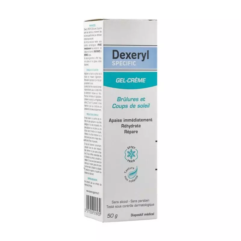 Dos du tube Dexeryl Gel Crème Brûlures et Coups de Soleil avec infos ingrédients et utilisation (85 