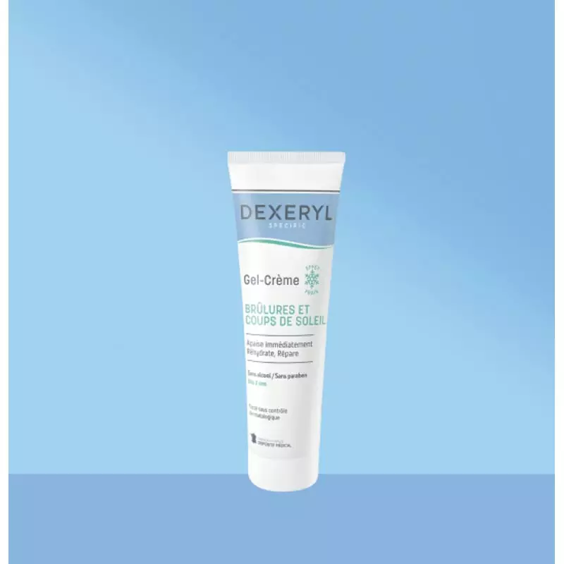Tube de gel-crème Dexeryl Spécific Brûlures et Coups de Soleil, vue de face.