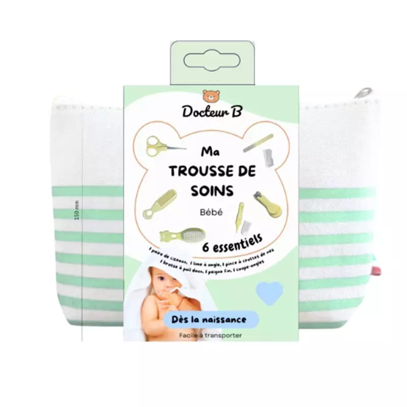 Trousse de soins Docteur B pour bébé en pochette verte avec 7 essentiels : brosse, peigne, coupe-ong