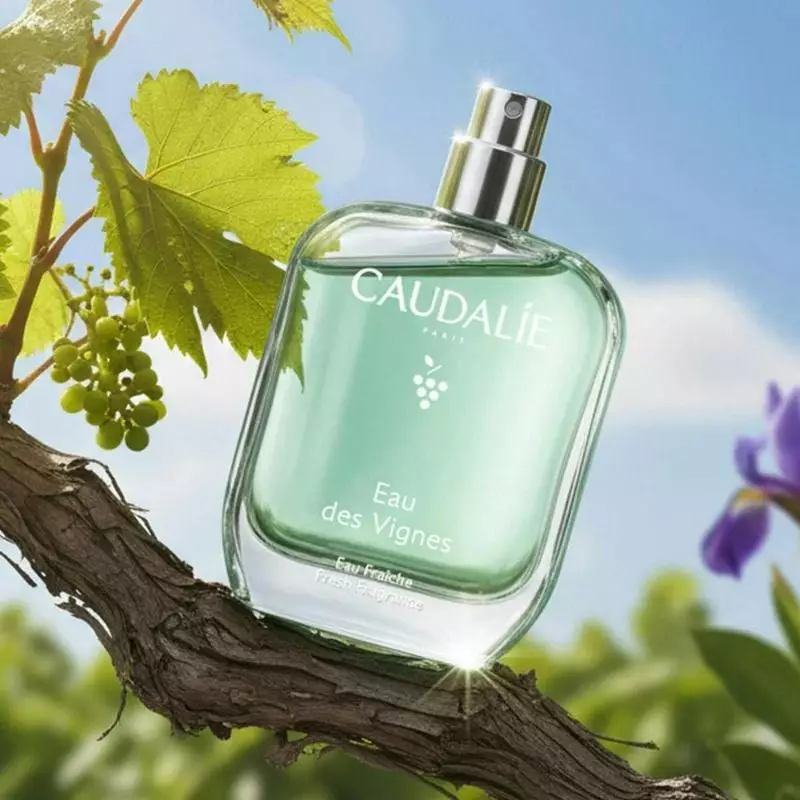 Flacon Caudalie Eau des Vignes en cadre naturel avec feuilles de vigne, raisins, fleurs d'iris et ci