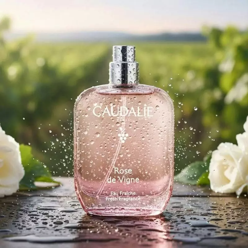 Flacon rose vaporisateur Caudalie L'Eau Fraîche Rose de Vigne avec gouttes d'eau en cadre vignoble a