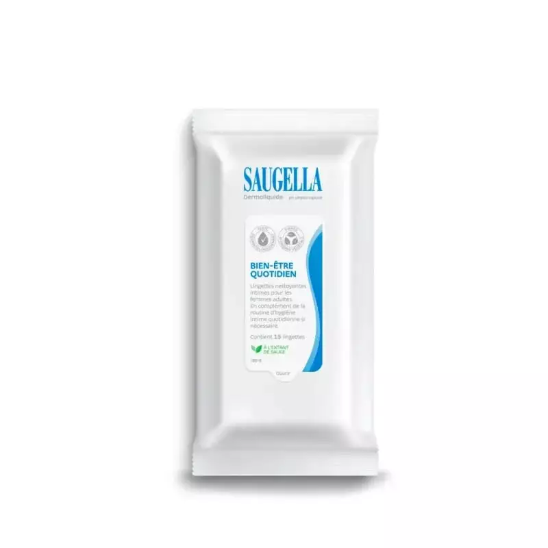 Saugella Dermoliquide Bien-Être Quotidien - pack de 15 lingettes intimes en sachet blanc avec brandi