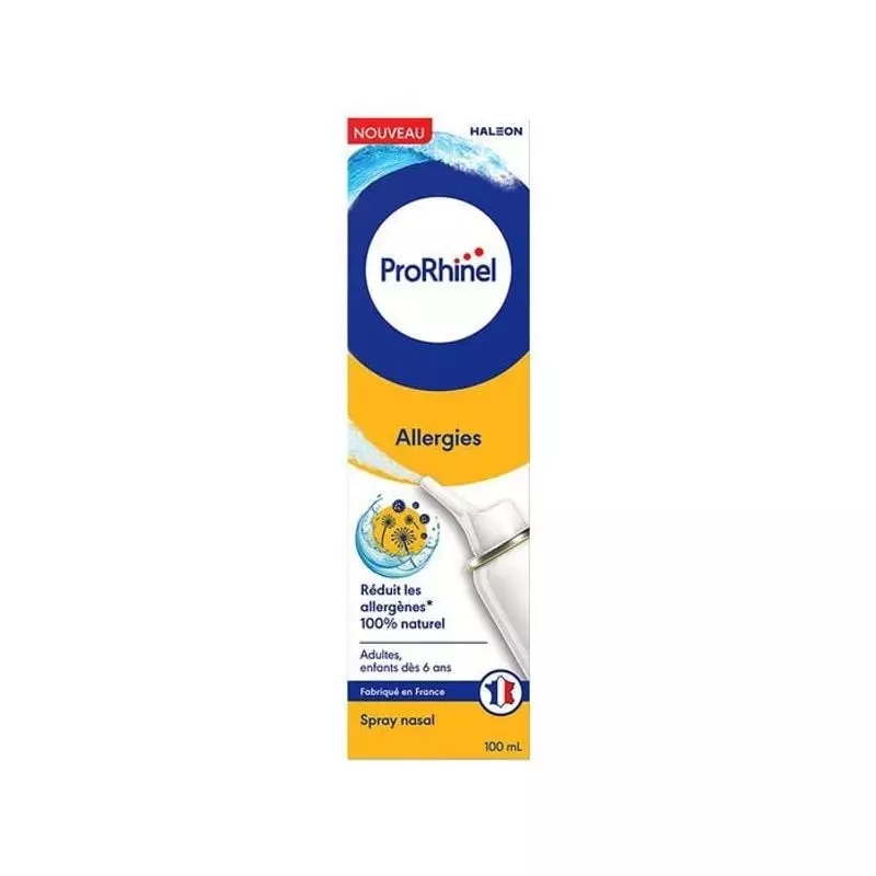 Vue avant de la boîte du spray nasal ProRhinel Allergies, bleu avec accents jaunes, logo marque, '10