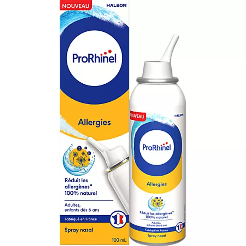 Flacon et boîte de spray nasal ProRhinel Allergies 100ml, spray blanc avec embout à côté d'emballage