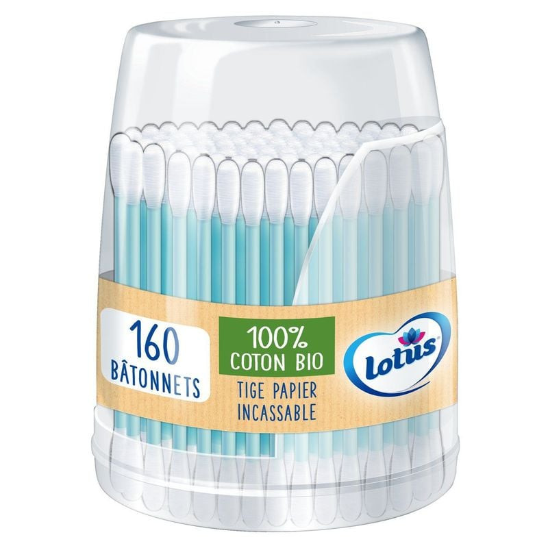 Lotus 1116789 boîte rechargeable de 160 coton-tiges bio à tiges en papier bleu.