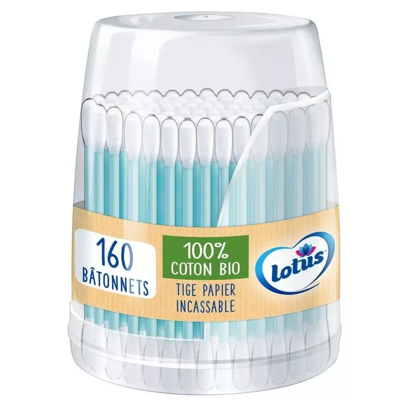 Lotus 1116789 boîte rechargeable de 160 coton-tiges bio à tiges en papier bleu.