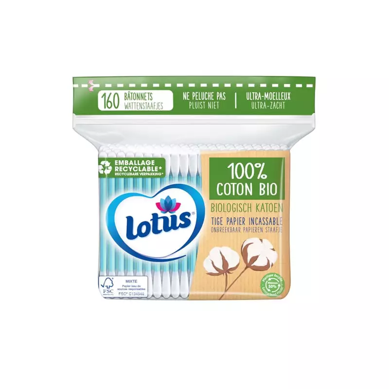 Packshot des coton-tiges bio Lotus 1116789 en emballage recyclable, montrant 160 bâtonnets.