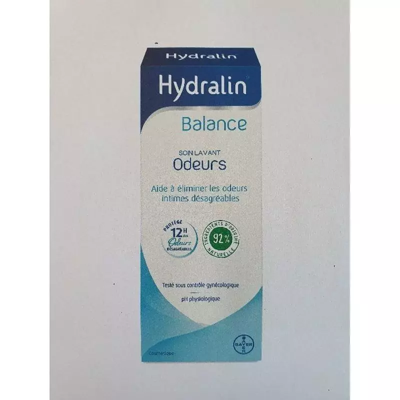 Hydralin Balance Odeurs Soin Lavant flacon gel 100 ml, design bleu avec étiquettes hygiène intime, 9