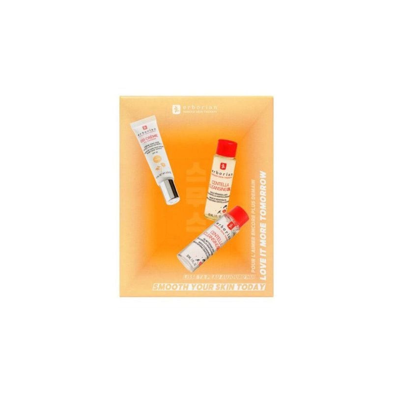 Kit beauté Erborian sur fond orange : tube BB Crème Ginseng Nude, flacon Huile Démaquillante Centell