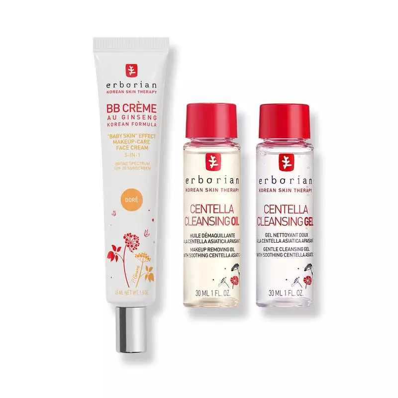 Kit Erborian BB Cleans Duo Doré affichant le tube de BB Crème Au Ginseng Doré, flacon d’Huile Démaqu