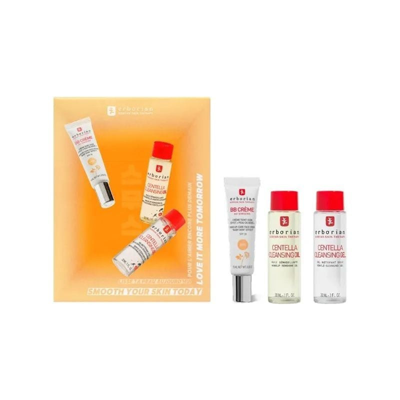 Packshot Erborian Kit BB Cleans Duo Doré montrant tube BB Crème, Huile Démaquillante Centella et fla