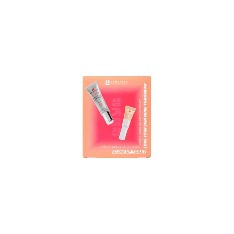 Kit Erborian CC Crème Doré et Super BB Concealer Doré dans boîte orange-rose vibrante avec slogan 'G