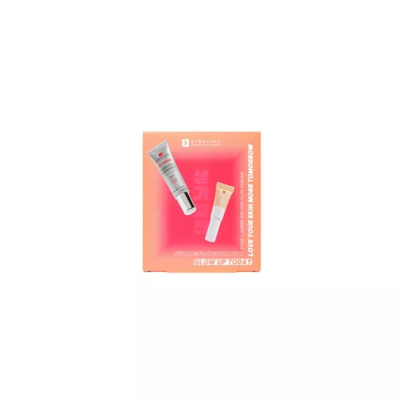 Kit Erborian CC Crème Doré et Super BB Concealer Doré dans boîte orange-rose vibrante avec slogan 'G