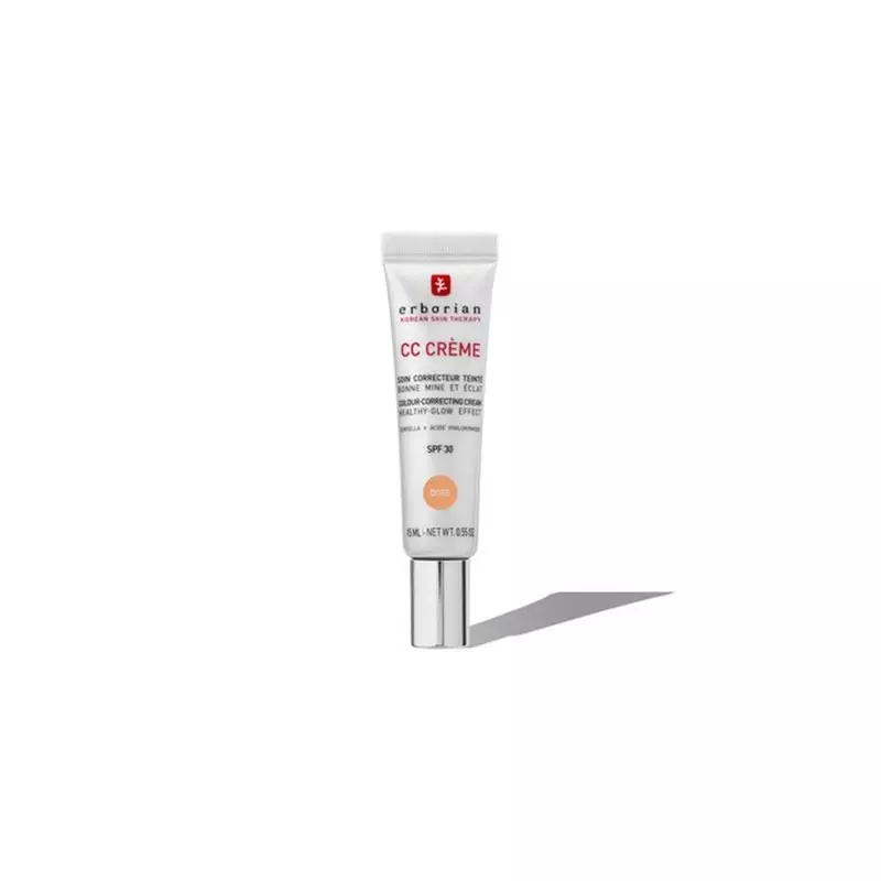 Vue de côté de la boîte orange Erborian avec tube CC Crème Doré et Super BB Concealer saillants, gra
