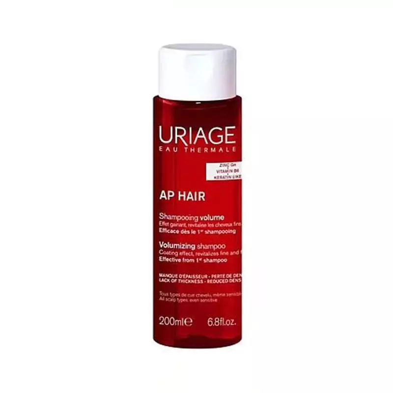 Flacon de shampooing volumisant Uriage AP Hair, 200 ml, pour cheveux fins et plats.