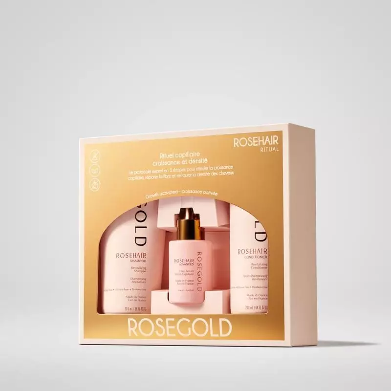 ROSEGOLD Paris ROSEHAIR kit soins capillaires avec shampooing, après-shampooing et sérum.