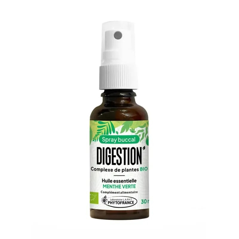 Phytofrance 1173489 Spray buccal Digestion Bio, flacon 30 ml avec design feuille de menthe verte.