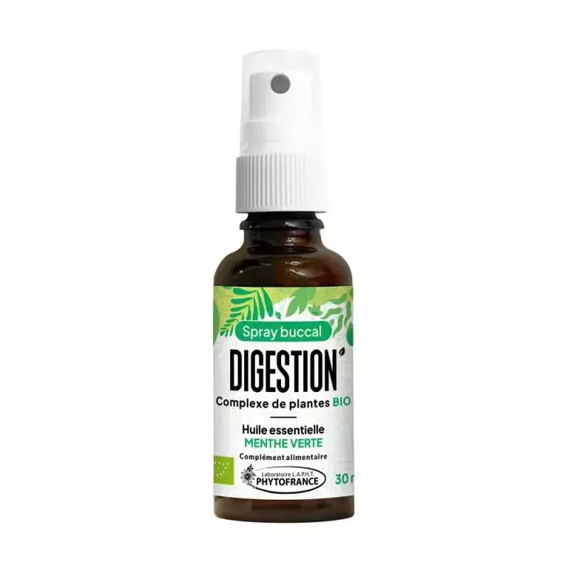 Phytofrance 1173489 Spray buccal Digestion Bio, flacon 30 ml avec design feuille de menthe verte.