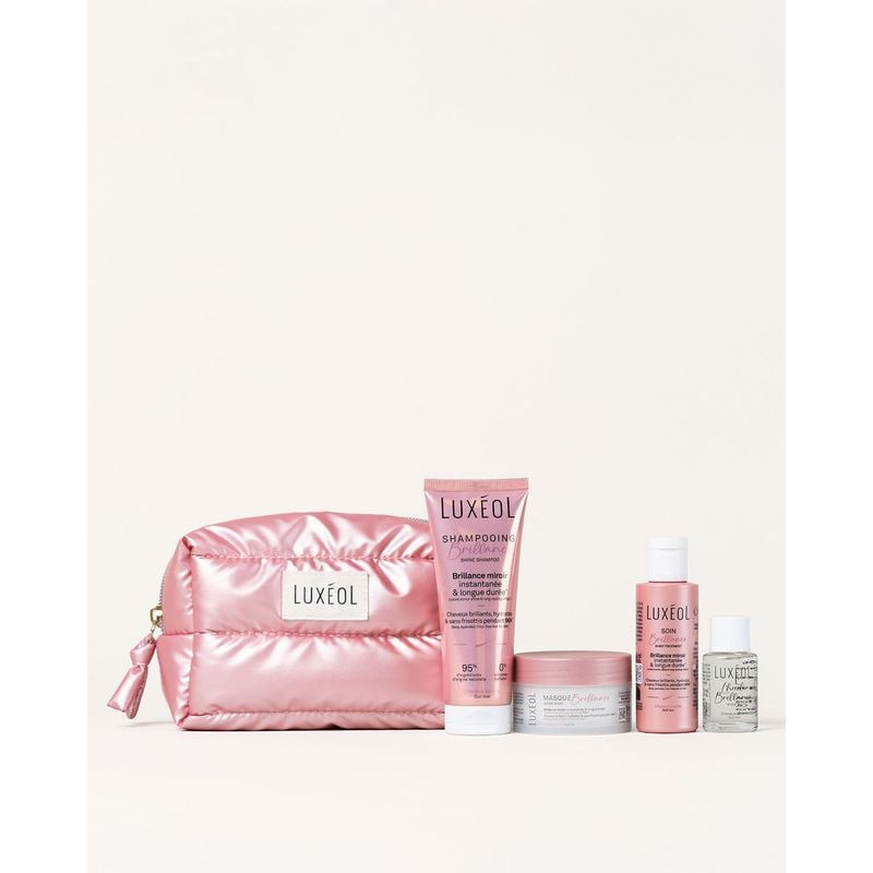 Luxéol Trousse Protocole Brillance : kit soins cheveux voyage avec pochette rose matelassée, shampoi