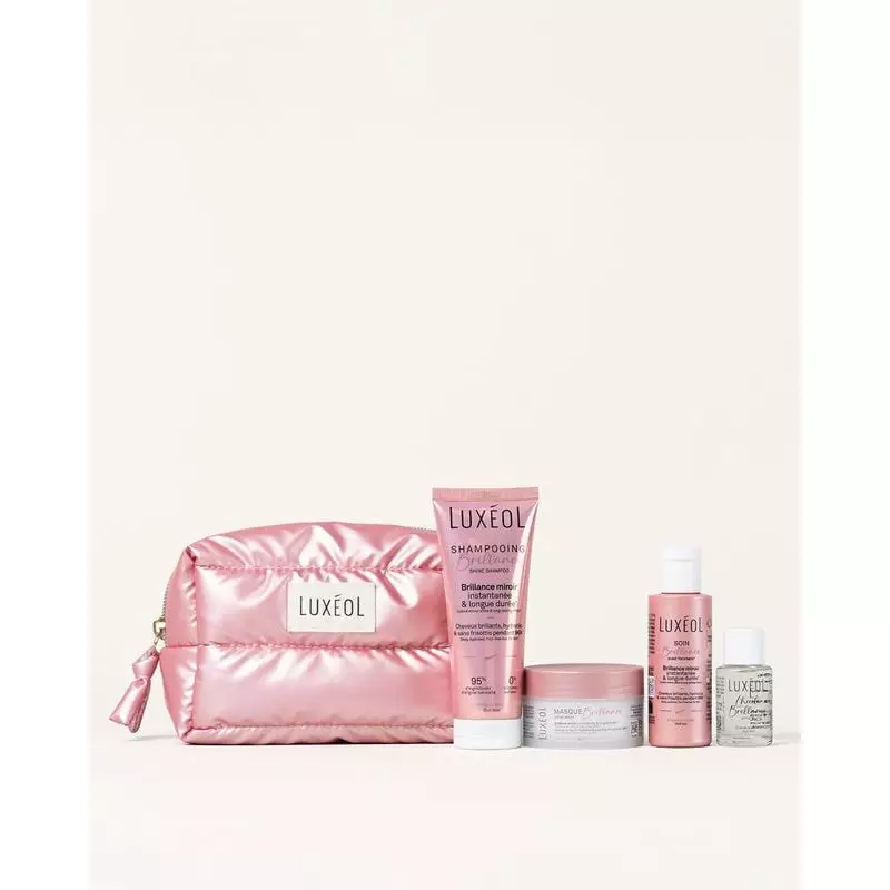 Luxéol Trousse Protocole Brillance : kit soins cheveux voyage avec pochette rose matelassée, shampoi
