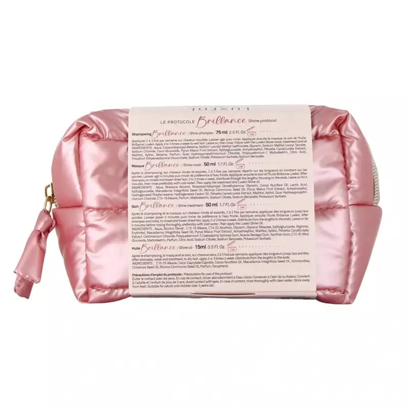 Vue arrière de la trousse Luxéol Protocole Brillance rose matelassée montrant les étiquettes : Shamp