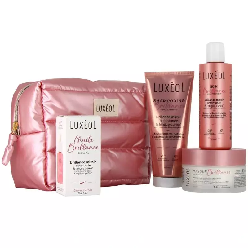Luxéol Trousse Protocole Brillance ouverte : pochette rose avec tube shampooing, pot masque, flacon 
